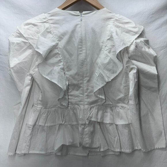 Express Blouse Crisp White Deep VNeck Ruffle Trim Bubble Shoulder Zip Closure XS - Picture 2 of 7